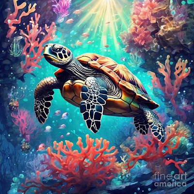 Reptiles Drawings - Turtle in a Surreal Underwater World with Abstract Corals by Adrien Efren