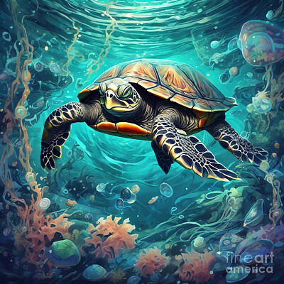 Reptiles Drawings - Turtle in a Surreal Underwater World with Swirling Currents by Adrien Efren