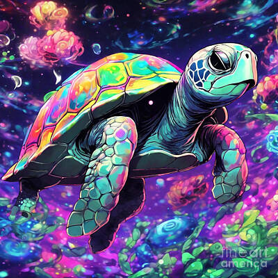 Reptiles Drawings - Turtle in a Technicolor Dream by Adrien Efren
