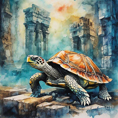 Reptiles Drawings Royalty Free Images - Turtle in a Techno-Fantasy Ancient Ruins Royalty-Free Image by Adrien Efren