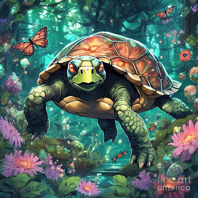 Reptiles Drawings - Turtle in a Whimsical Garden with Oversized Insects by Adrien Efren