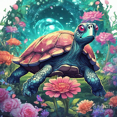 Reptiles Drawings - Turtle in a Whimsical Wonderland with Gigantic Flowers by Adrien Efren