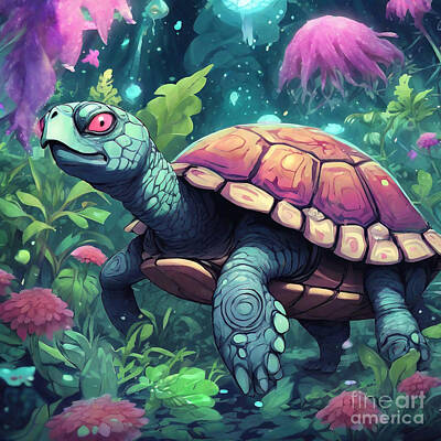 Reptiles Drawings - Turtle in a Whimsical Wonderland with Oversized Plants by Adrien Efren