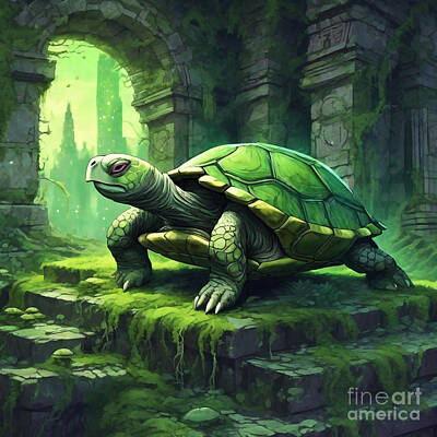 Reptiles Drawings - Turtle in an Ancient Ruin Overgrown with Moss by Adrien Efren