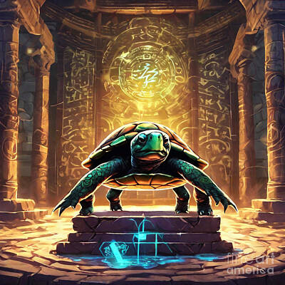 Reptiles Drawings - Turtle in an Ancient Temple with Glowing Runes by Adrien Efren