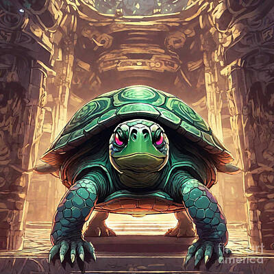 Reptiles Drawings - Turtle in an Ancient Temple with Hidden Chambers by Adrien Efren