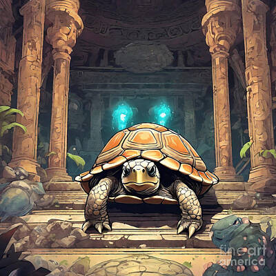 Reptiles Drawings - Turtle in an Ancient Temple with Mystical Artifacts by Adrien Efren