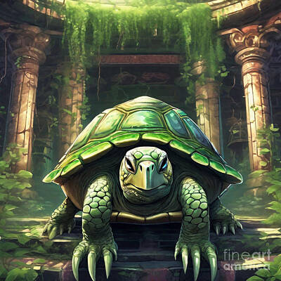 Reptiles Drawings - Turtle in an Ancient Temple with Vines and Moss by Adrien Efren