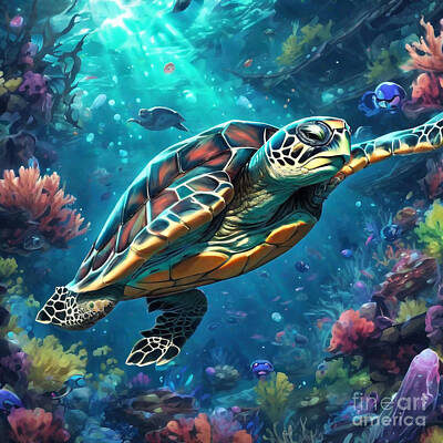Reptiles Drawings - Turtle in an Underwater World with Exotic Marine Life by Adrien Efren