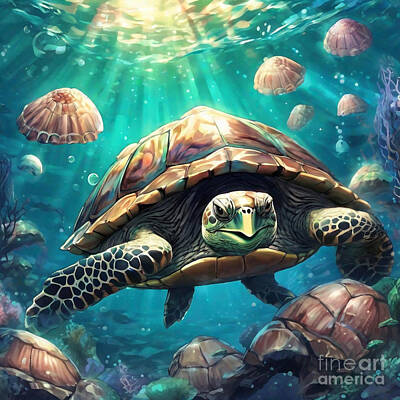 Reptiles Drawings - Turtle in an Underwater World with Giant Seashells by Adrien Efren