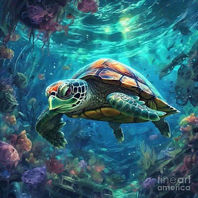Reptiles Drawings - Turtle in an Underwater World with Sunken Shipwrecks by Adrien Efren