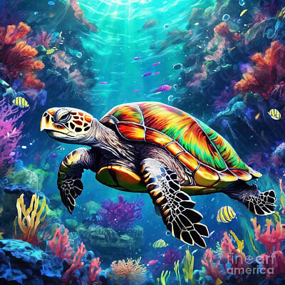 Reptiles Drawings - Turtle in an Underwater World with Vibrant Coral Reefs by Adrien Efren