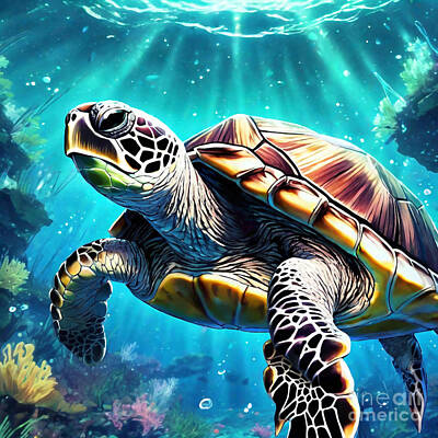 Reptiles Drawings Royalty Free Images - Turtle Swimming in Crystal Clear Waters Royalty-Free Image by Adrien Efren