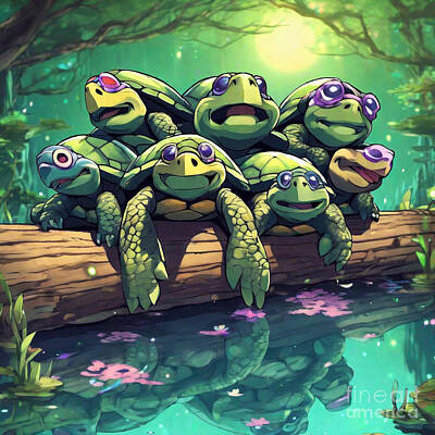 Reptiles Drawings Royalty Free Images - Turtles Sunbathing on a Log Royalty-Free Image by Adrien Efren