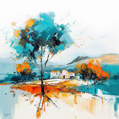 Landscapes Paintings - Tuscan Dream - Modern Turquoise and Orange Landscapes by Lourry Legarde