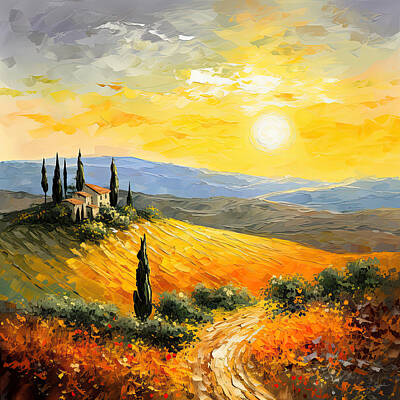 Wine Paintings - Tuscan Landscapes Art by Lourry Legarde