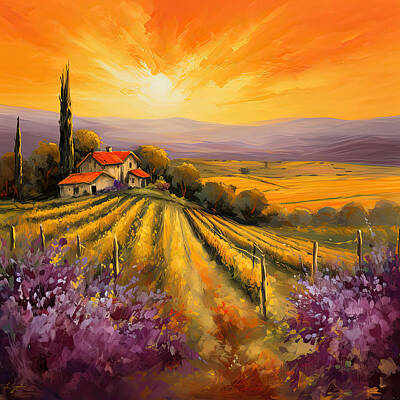 Wine Paintings - Tuscan Vineyard Sunset - Vineyard Impressionist Paintings by Lourry Legarde
