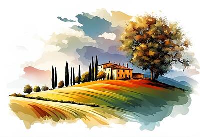Sunflowers Paintings - Tuscany illustration by CIKA Artist