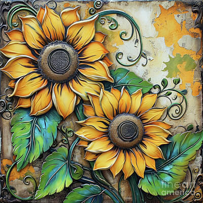 Sunflowers Royalty-Free and Rights-Managed Images - Tuscany Sunflowers by Tina LeCour