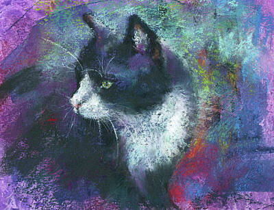 Recently Sold - Portraits Paintings - Tuxedo cat portrait painting by Karen Kaspar