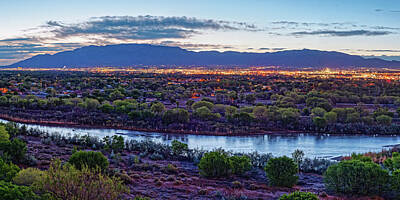 Recently Sold - Skylines Rights Managed Images - Twilight Panorama of Sandia Mountains, Albuquerque, and Rio Grande - New Mexico Land of Enchantment Royalty-Free Image by Silvio Ligutti