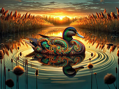 Birds Digital Art - Twilight Serenade of a Mallard by Bill and Linda Tiepelman