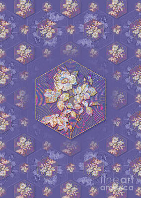 Abstract Mixed Media - Twin Flowered White Rose Geometric Mosaic Pattern in Veri Peri n.0408 by Holy Rock Design