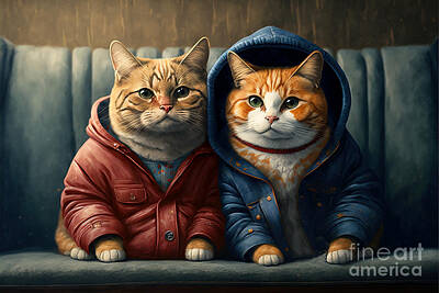 Portraits Photos - Two cute cats couple portrait. Wearing jackets and sitting on sofa by Michal Bednarek