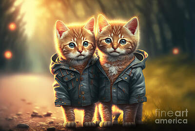 Portraits Photos - Two cute cats kittens hugging portrait. by Michal Bednarek