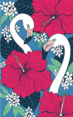 Birds Drawings Royalty Free Images - Two flamingos among hibiscus and plumeria flowers and leaves. Tropical summer background.  Royalty-Free Image by Julien