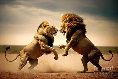 Animals Photo Rights Managed Images - Two lions fight on safari in Africa Royalty-Free Image by Michal Bednarek