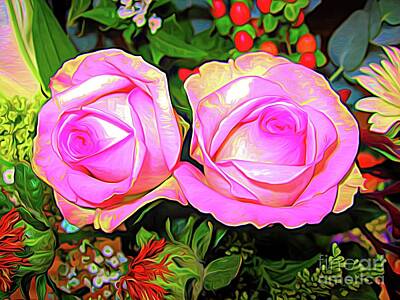 Roses Royalty-Free and Rights-Managed Images - Two Pink Roses Expressionistic Effect by Rose Santuci-Sofranko