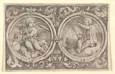 Grimm Fairy Tales - Two Putti Seated in Clouds in Circles with Tendrils   Lucas van Ley                                  by Timeless Images Archive