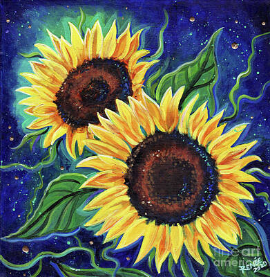 Sunflowers Paintings - Two Sunflowers in the night by Renee Lavoie