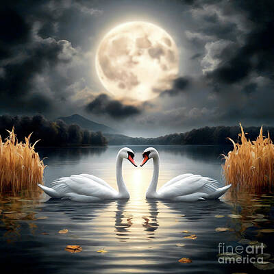 Birds Royalty Free Images - Two Swans in the Moonlight AI Royalty-Free Image by Mike Nellums