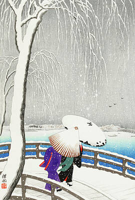Fashion Paintings - Two women in the snow on Yanagi Bridge by Ohara Koson by Mango Art
