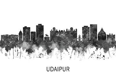 Abstract Airplane Art - Udaipur Rajasthan Skyline BW by NextWay Art
