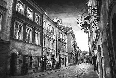 Beer Royalty-Free and Rights-Managed Images - Ulica Piwna Warsaw Old Town Black and White  by Carol Japp