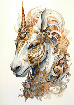 Floral Digital Art - Unicorn White Ornate Floral Steampunk by EML CircusValley
