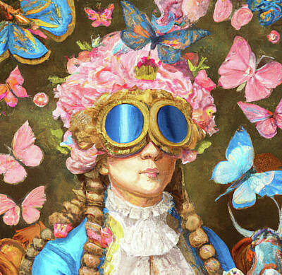 Steampunk Paintings - Unusual Steampunk Woman with Floral Top Hat, Goggles Portrait 22 Print by Ricki Mountain