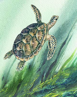Reptiles Paintings - Up To The Surface Giant Sea Turtle Watercolor  by Irina Sztukowski
