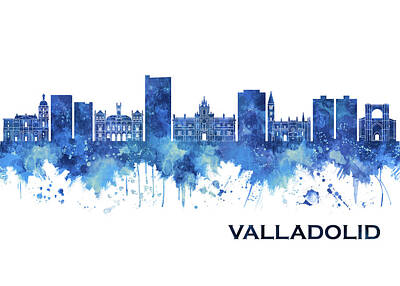 City Scenes Royalty-Free and Rights-Managed Images - Valladolid Spain Skyline Blue by NextWay Art