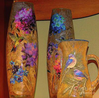 Abstract Flowers Photos - Vases Covered with Birds and Flowers Abstract Effect by Rose Santuci-Sofranko