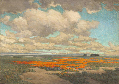 Landscapes Paintings - Vast clouds loom over a vibrant field of orange flowers that stretch towards the horizon, where a ca by MotionAge Designs
