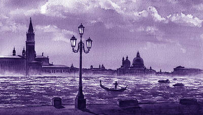 Royalty-Free and Rights-Managed Images - Venice Silhouette Grand Canal Gondola Italy In Lilac Purple Watercolor  by Irina Sztukowski