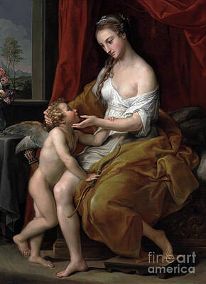 City Scenes Paintings - Venus Caressing Cupid by Pompeo Batoni by Sad Hill - Bizarre Los Angeles Archive