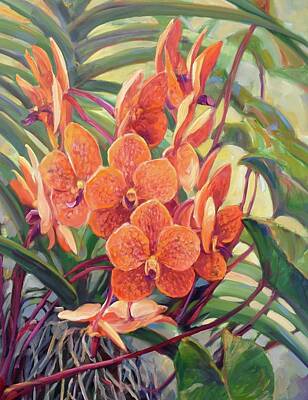 Recently Sold - Floral Paintings - Vertical Vanda Choir by Laurie Snow Hein