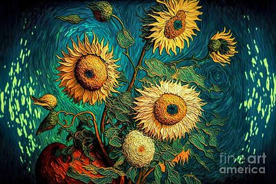 Florals Digital Art - Vibrant sunflowers with bold yellow petals and dark centers stand out against a swirling blue backgr by Odon Czintos