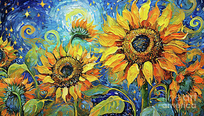 Sunflowers Digital Art - Vibrant sunflowers with bright yellow petals stand out against a swirling blue background by Odon Czintos