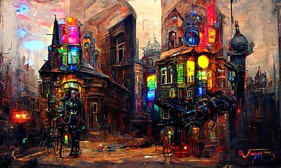Steampunk Paintings - Victorian Steampunk City, 01 by AM FineArtPrints